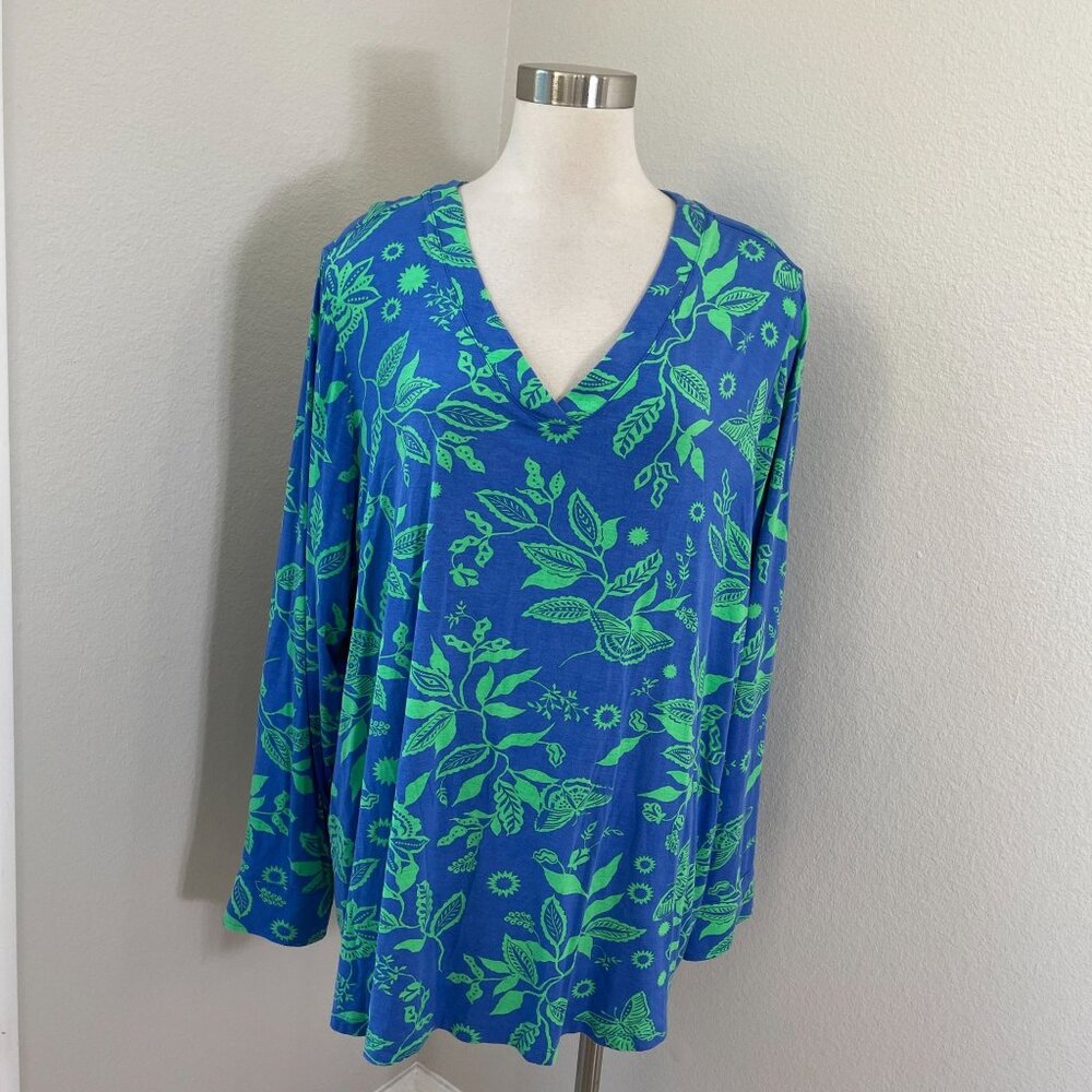 Belle Kim Gravel Womens Plus XXL Blue Green Floral V Neck Tunic Top Shirt